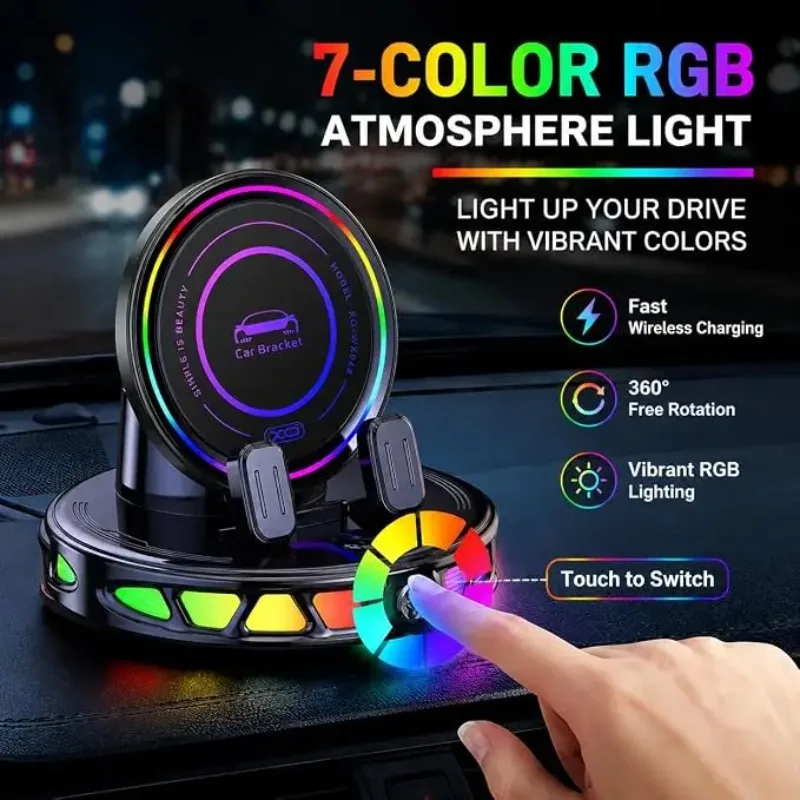 1Pc 360° Rotating Car Phone Holder, Wireless Charging Mount with 7‑Color RGB Light, Horizontal Mode Auto Phone Charger