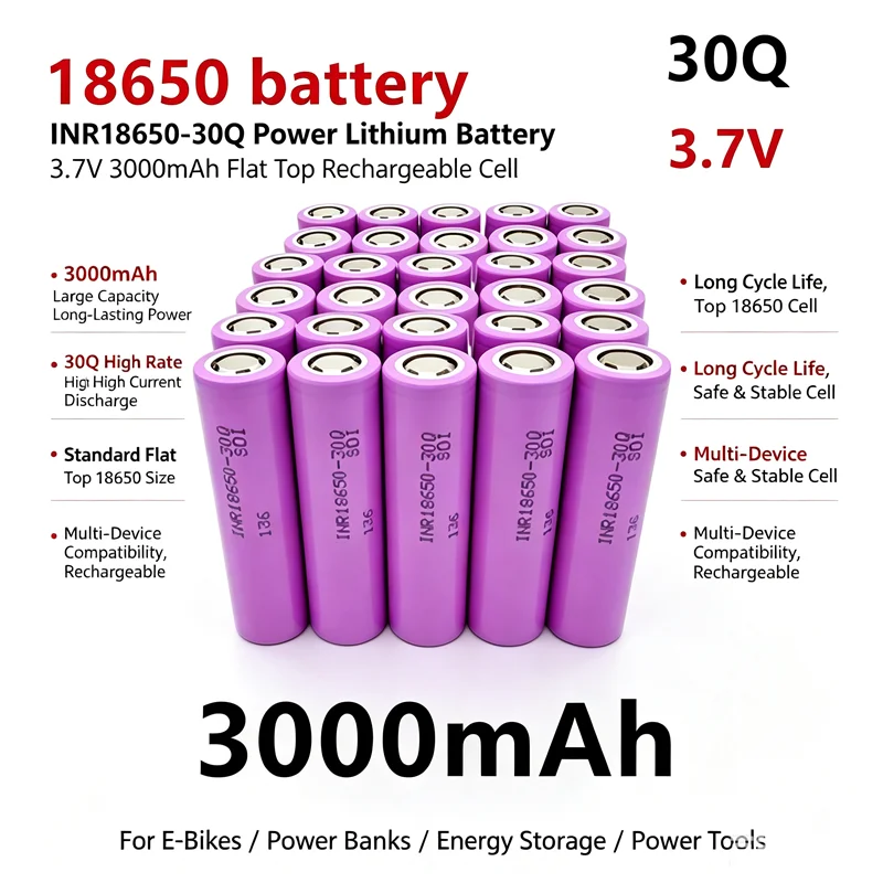 18650 Battery 30Q 3.7V 3000mAh Flat-Top Lithium Battery Multi-Purpose Rechargeable