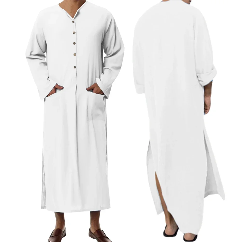 Muslim Men Clothing Jubba Thobe Long Sleeve Button Up Breathable Robes Men Thobe Robe Loose Dubai Saudi Arab Kaftan Muslim Dress