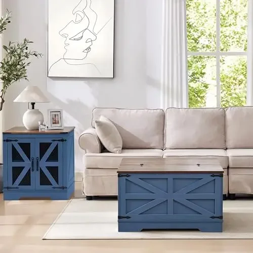 Farmhouse End Table Set with Charging Station, Living Room Tables with Hidden Storage, Wood Square Sofa Bedside Tables