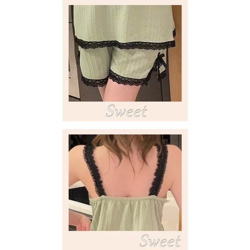 Short à bretelles en dentelle décontractée minimaliste pour femmes, ensemble de vêtements pour la maison, coussinets de poitrine, pyjamas d'été pour filles douces, vêtements de nuit trempés, nouveau