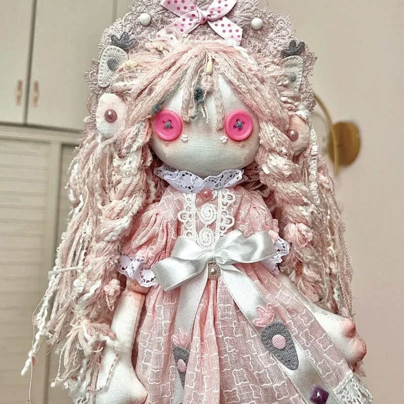 

Little Pink Button Doll Ghost Mom Doll Cute Handmade Gift. Gentle Wind Button Doll With Dress Headdress No Shoes