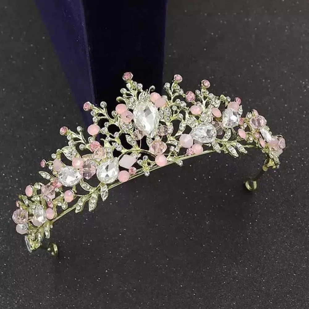 

Trendy Vintage Pink Floral Crown Elegant Shiny Crown Hair Accessory Hair Hoop Headband Princess Rhinestone Tiara Kids Girls