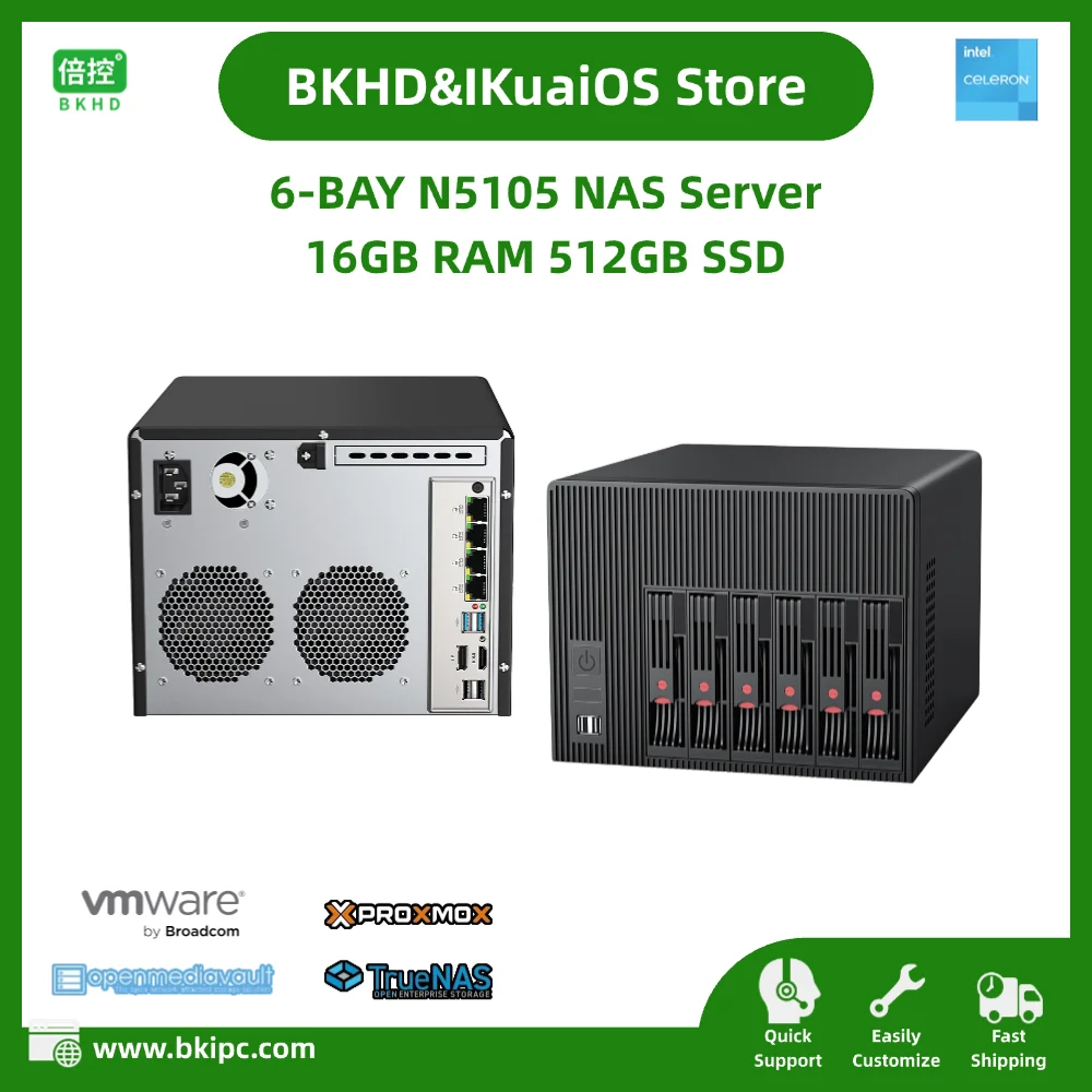 Supporto NAS a 6 alloggiamenti SSD HDD SATA da 2,5" 3,5" all'interno Celeron N5105 16 GB di RAM 512 GB SSD 4x2,5 GbE per Home Sever BKHD-6-Bay-1338-NAS