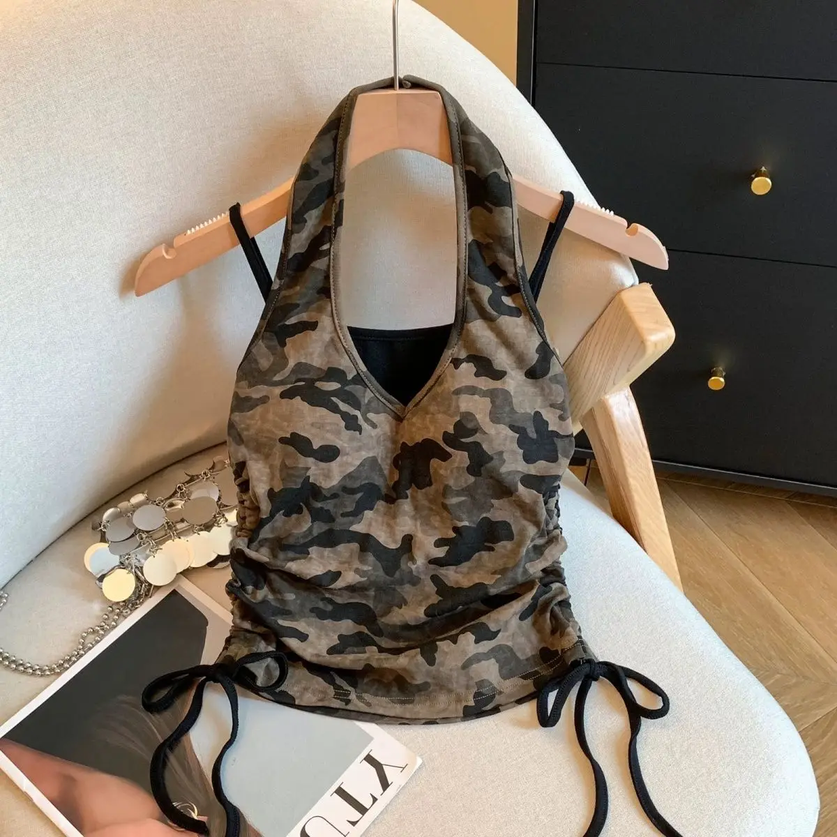 

2026 Summer New Girls Vintage Camo Fake Two-Piece Vest Halter Drawstring Sleeveless Cami Top for Baby Kids for 100-160cm