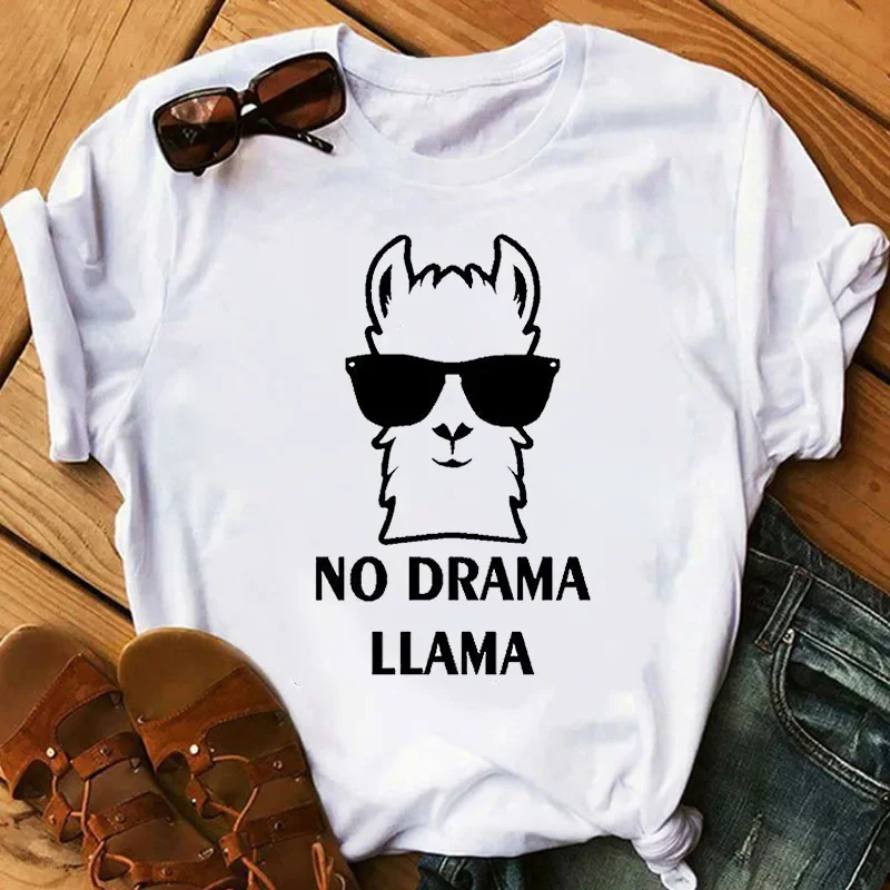 Print Women T Shirt Grass Mud Horse Llama Short Sleeve Tee O Neck Loose Women T-shirt Ladies Shirt Camisetas Mujer Tops