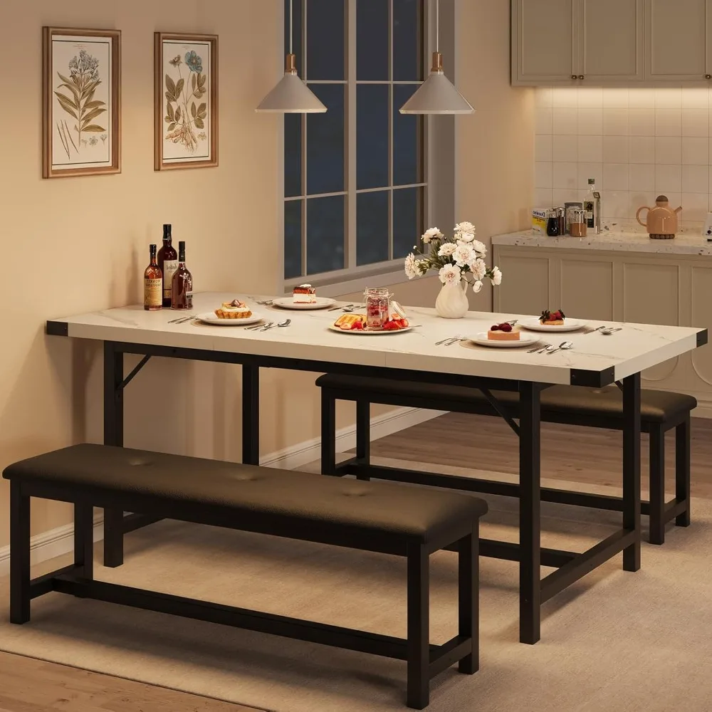 

Extendable Dining Table Set for 4-6, Rectangle Large Extendable Kitchen Table with 2 Upholstered Benches & Metal Corn