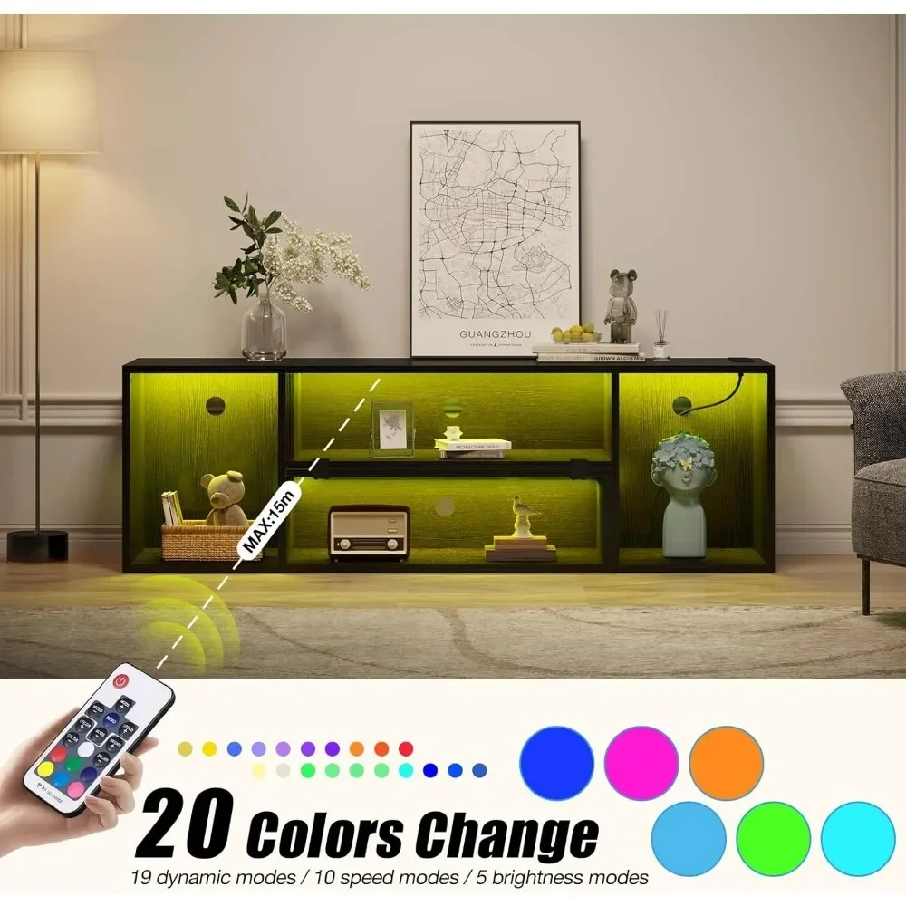 Modern TV Stand With LED Strip&Power Outlets,Modern Center For 45/50/55/60/65/70 Inch TVs,2 Pieces Console Cabinet, Black