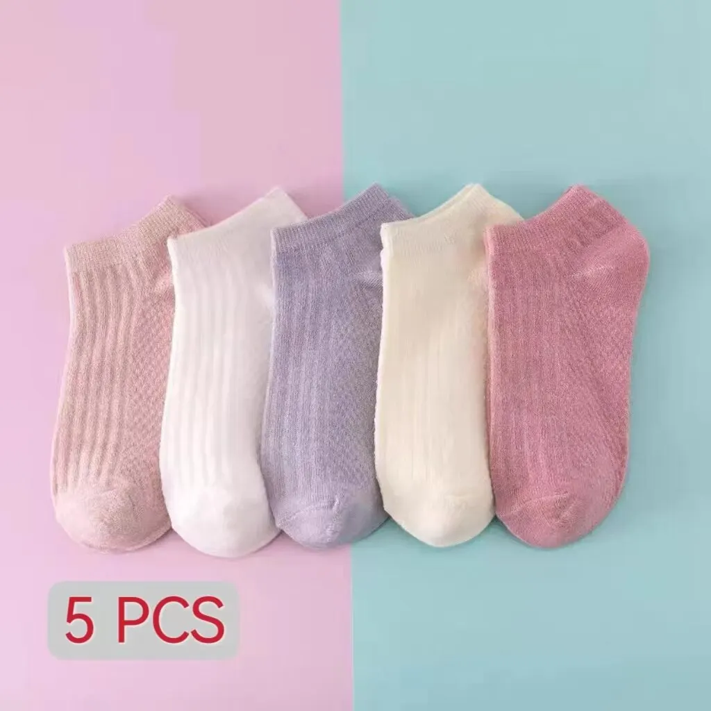 5 Pairs Women Socks Free Size Pink White Rose Gray Light Pink Breathable Sports Solid Color Boat Socks Soft Summer Girls Socks