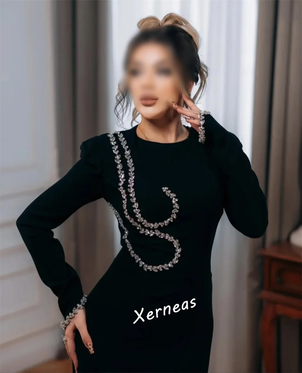 Maßgeschneidertes klassisches O-Ausschnitt mit langen Ärmeln, glitzerndes Trompeten-Schwarz, lange Kleider, elegantes Party-formelles Abendkleid für maßgeschneiderte Anlässe