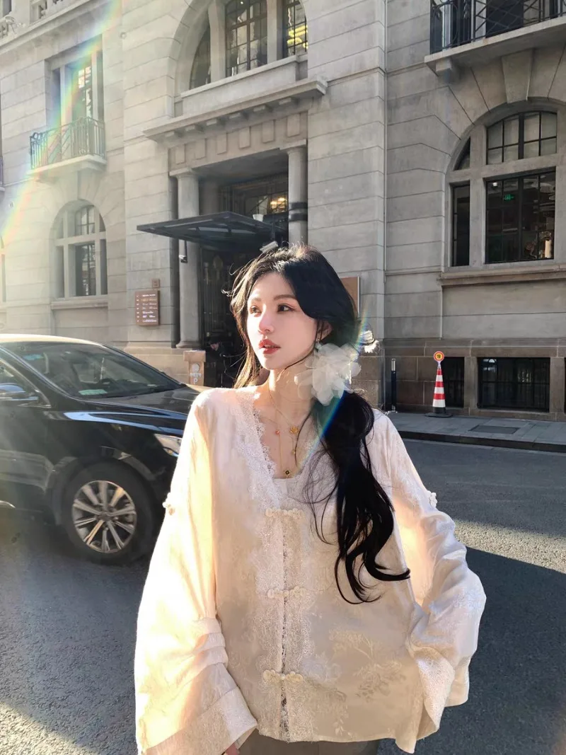 

Miiiix 2024 Summer Lace New Chinese Shirt Women's Spring Elegant Loose V-neck Solid Color Cardigan Top Female Clothing