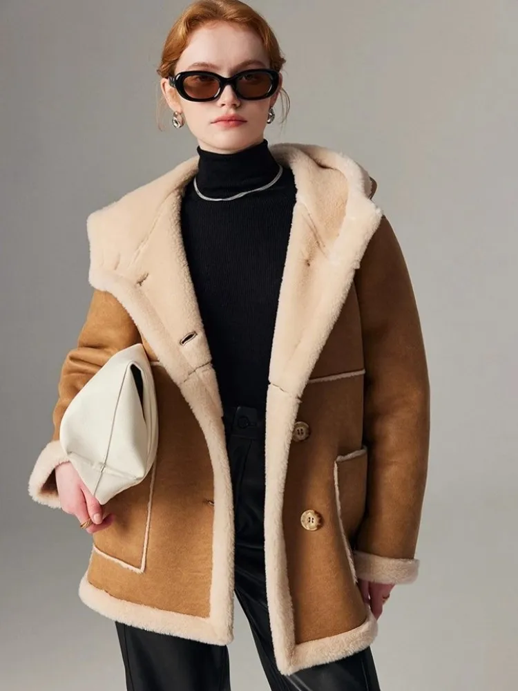 Women Coat Winter Thicken Warm Casual Hooded Suede Lambswool Overcoat Long Sleeve Single Breasted New Office Ladies Wool Jacket