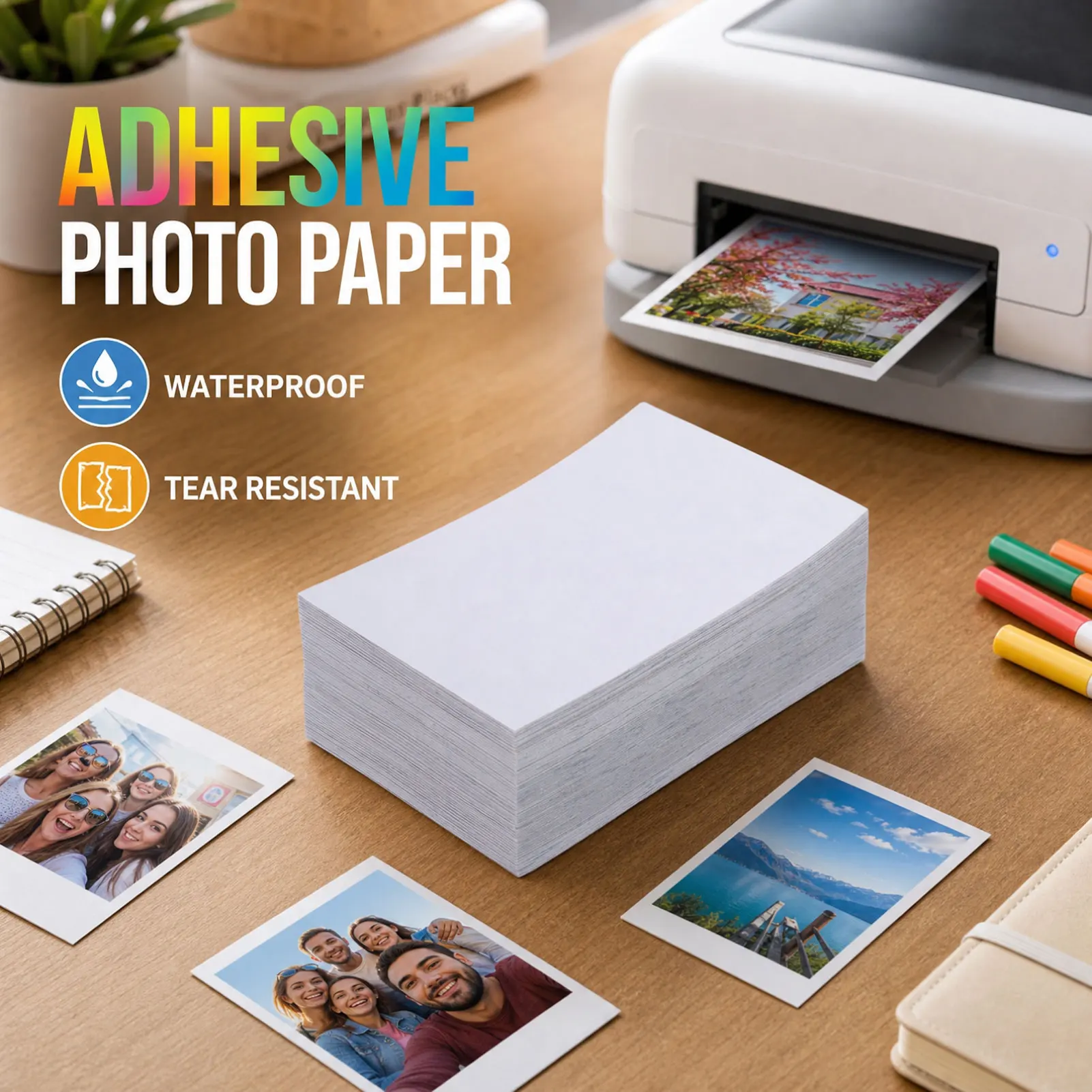 2x3 Inch Adhesive Backed Photo Paper 100 Sheets Sticky Back Print Paper Waterproofing Tear Resist Support for PP01 Inkjet Photo