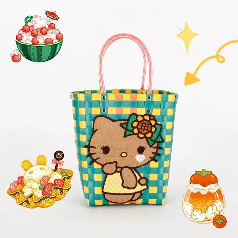 Hello Kitty Kawaii Sanrio Handbag Anime Cute Cartoon Handmade Woven Vegetable Basket Shoulder Bag with Messenger Bag Girl Toys