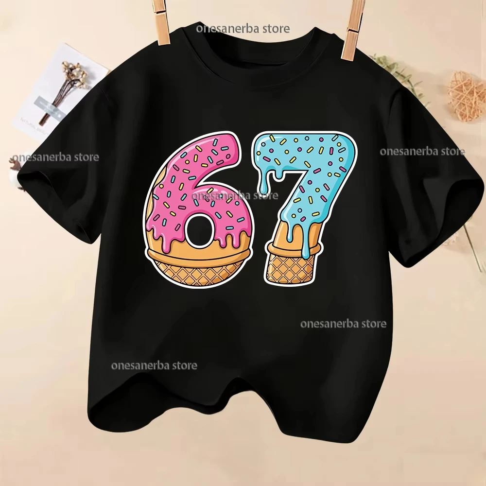 Kids Black 67 Ice Cream Donut Graphic T-Shirt, Soft Cotton, Cute Tee for Boys & Girlstk0176