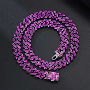 Hip Hop 12MM Rhombus Prong Heavy Cuban Link Chain Necklace Iced Out Purple CZ Stones Rapper Necklaces For Men Women Jewelry Gift
