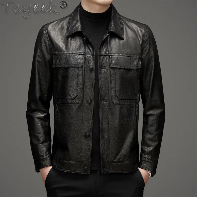 Tcyeek Genuine Leather Jacket Men Oil Wax Cowhide Mens Coats Business Casual Coat Jaqueta De Couro 2024 Spring Autumn Clothes