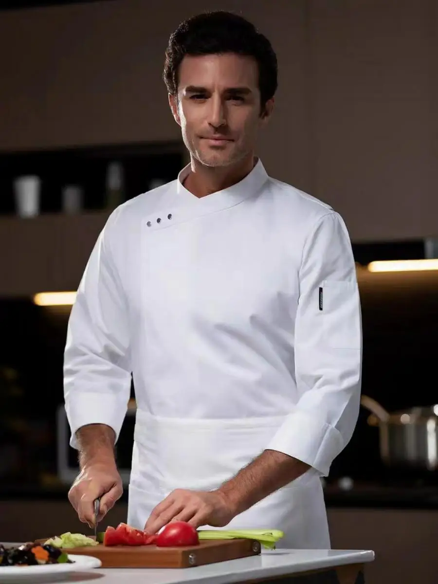 

Men's Chef Work orm Pure Color Autumn Winter Kitchen Clothing Printed Logo Western Restaurant Ba Kitchen Workwear
