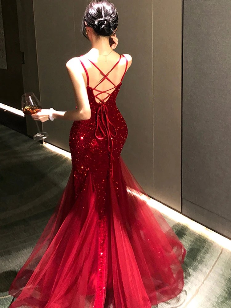 Sexy Backless Spaghetti Straps Red Evening Dress Elegant Deep V-Neck High Waist Luxury Shiny Sequins Party Female Tulle Dresses