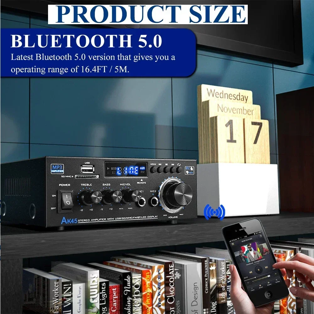 2.0 běžící pás AK45 hifi digitální zesilovač 400wx2 hifi stereo zesilovač přijímač střídavého 90V-240V bluetooth-compatible 5.0 pro domácí auto