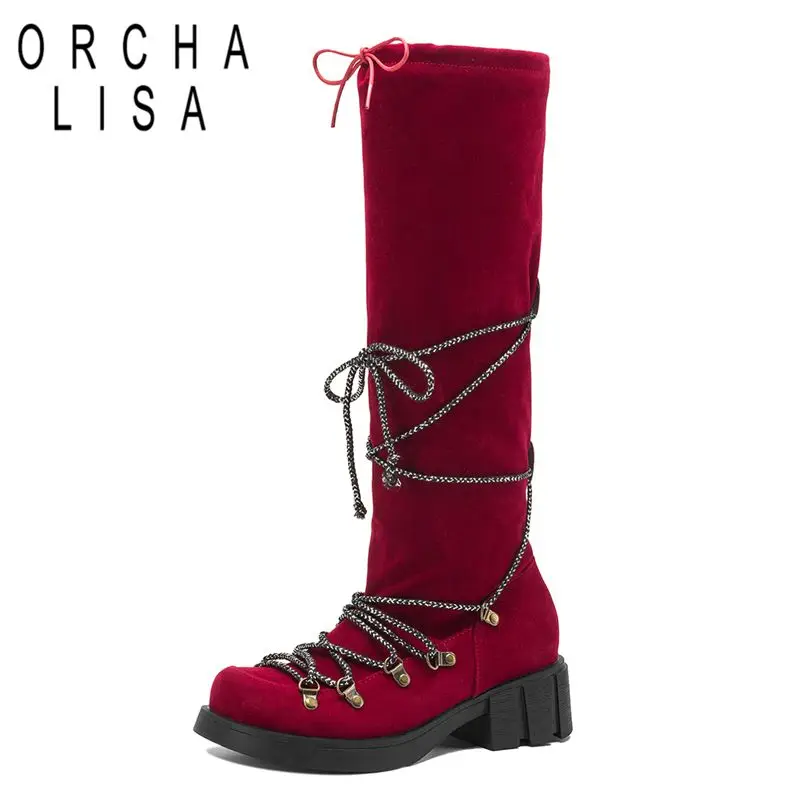 ORCHA LISA Red Women Knee High Boots Round Toe Flock Suede 4.5cm Thick Heel Slip On Lace Up Leisure Daily Botas Big Size 42 43