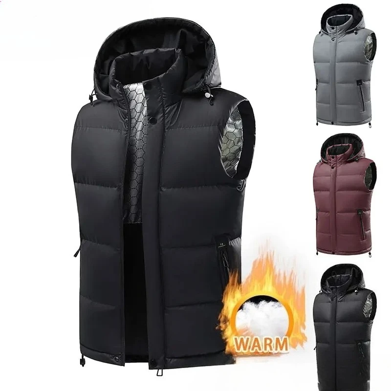 Esporte correndo colete quente dos homens ao ar livre à prova de vento quente removível chapéu masculino com capuz outono inverno sem mangas jaqueta confortável colete quente