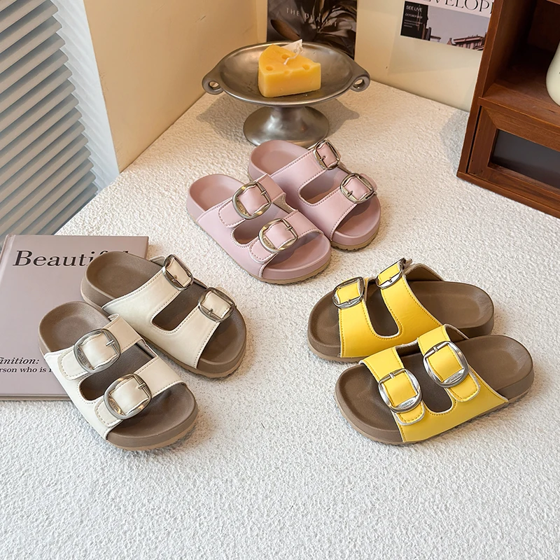 Children Double Buckle Slide Sandals Open Toe Soft Sole Non-slip Boys Girls Summer Beach Slippers Kids Casual Slippers 2026 New