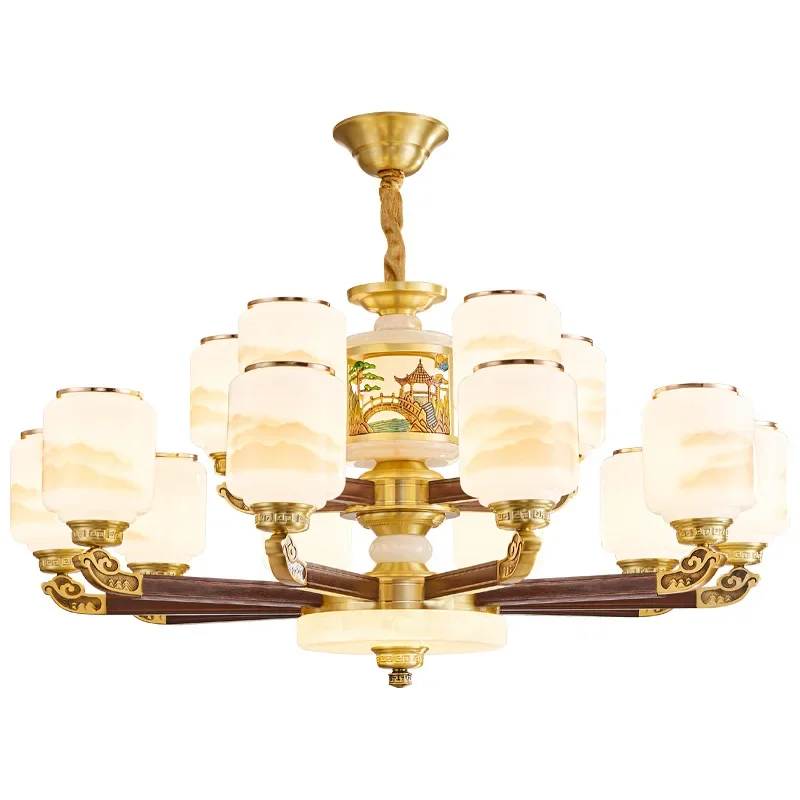 Living room chandelier solid wood lamps Zen Chinese style self-built house villa