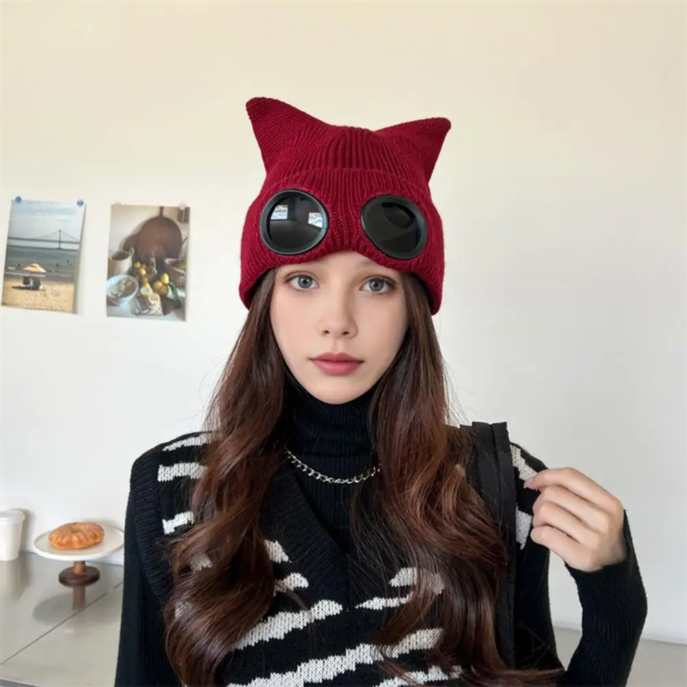 Thermal Winter Hat Winter Beanie Cute Kitty Head Winter Hat with Goggle Decor Ball Detail Windproof Demon Cap for Women Warm