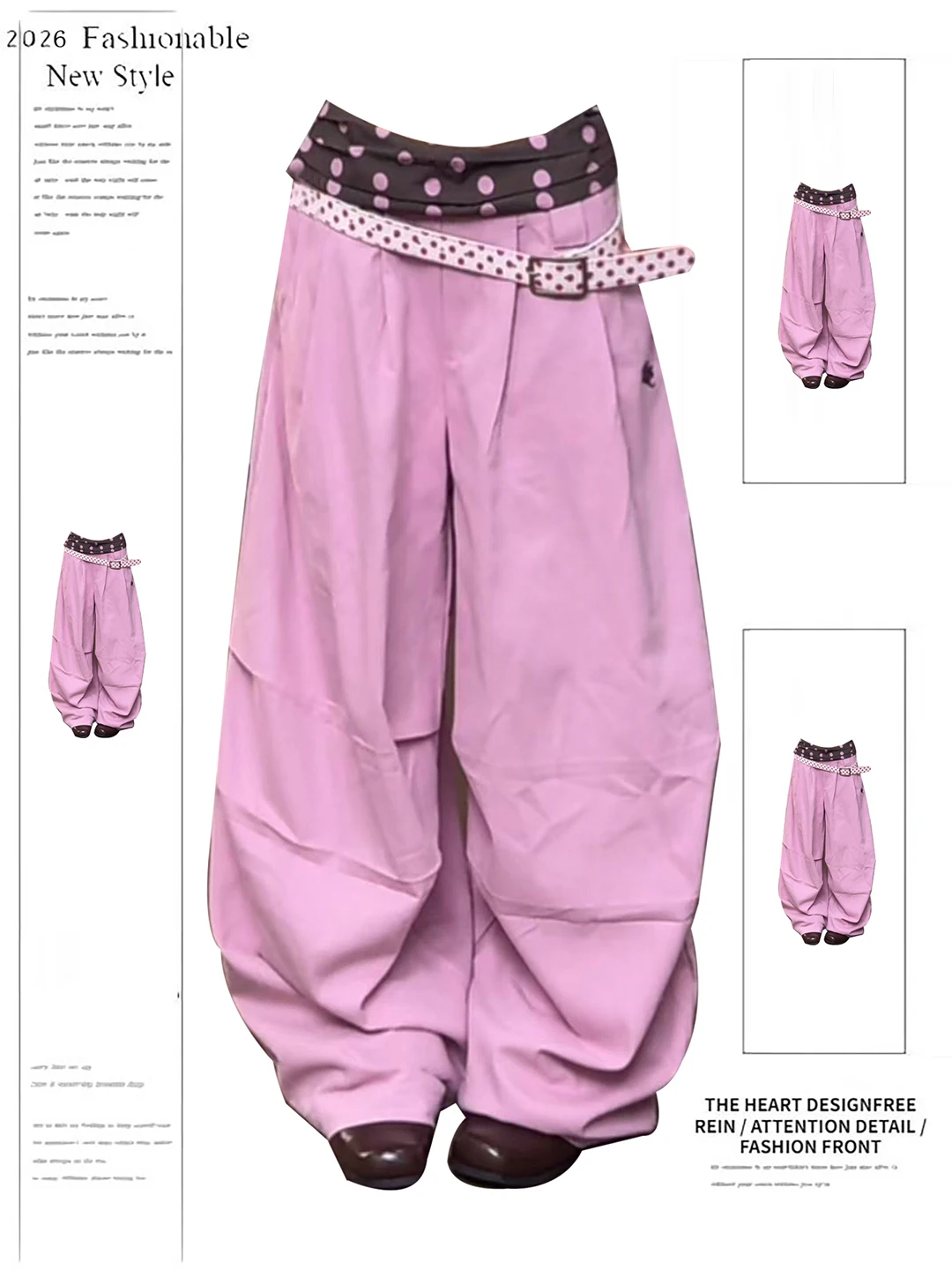 

Розовые широкие повседневные брюки Dopane для женщин, весенняя новинка, дизайн с эффектом двухслойности, в горошек, с высокой талией, на молнии