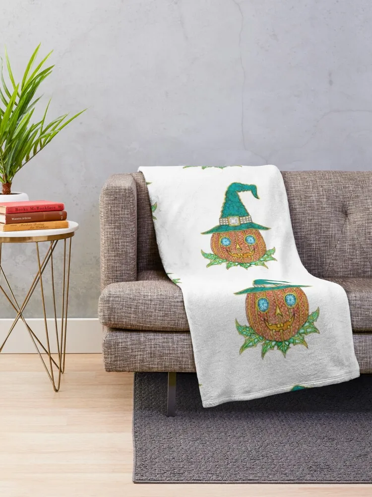 Witch pumpkin halloween jewelry design turquoise orange sapphire diamond and enamel set with fancy Throw Blanket