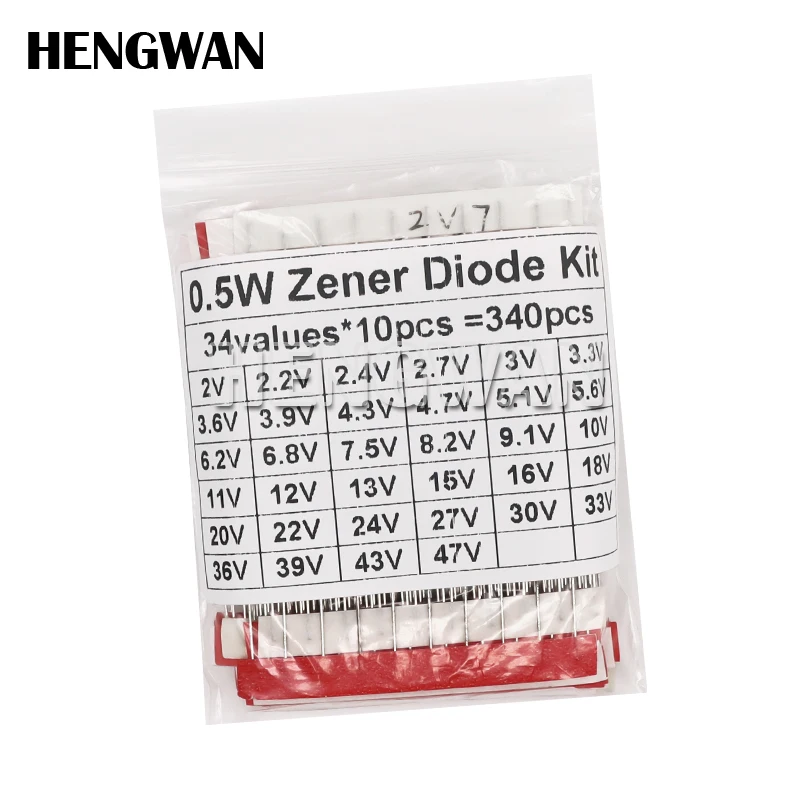 340pcs 1/2W Zener Diode Assorted Kit DO-35 0.5W 2V-47V 34Values Each 10pcs DIY Sample Set