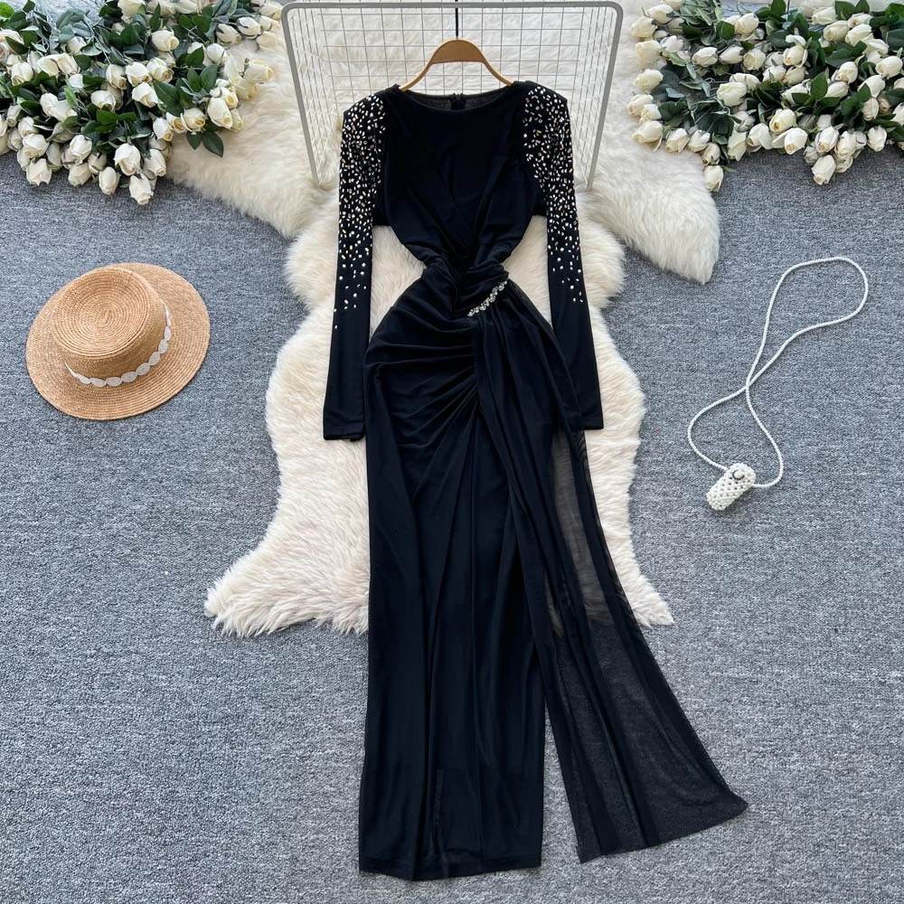 Clothland mujeres Rhinestone brillante Maxi Vestido cuello redondo manga larga elástico ajustado Mujer Chic Vestido de noche largo Vestido QE276