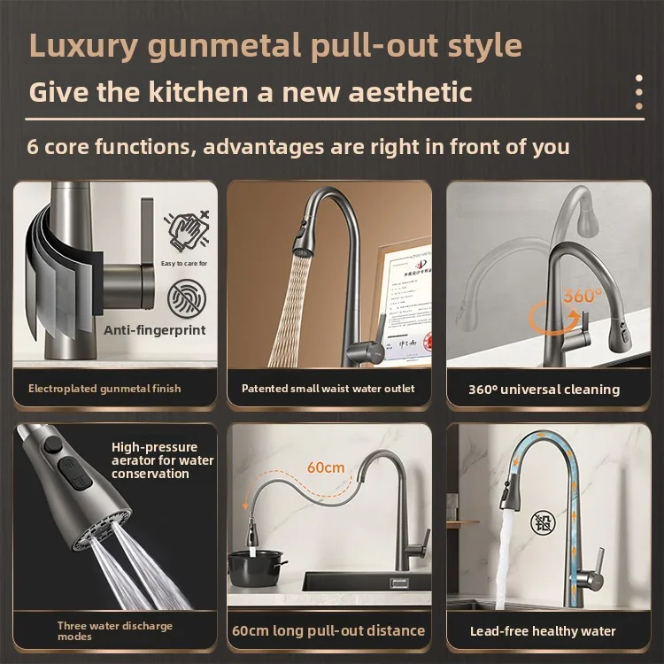 Stainless Steel Pull Out Hot Cold Kitchen Sink Faucet, 360° Swivel Anti-Splash Mixer Tap with Hover Function for Dish Washing