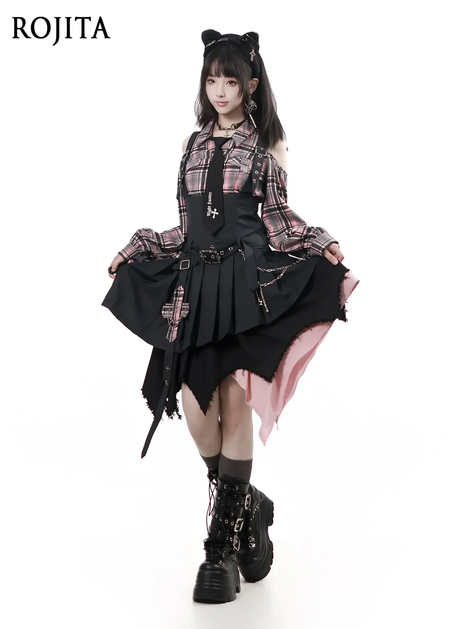 Gothic Cross Overall Dress Plaid Cross Patch Chain Decor Crisscross Straps Belted Irregular Frayed Hem Pleated Jumper Skirt