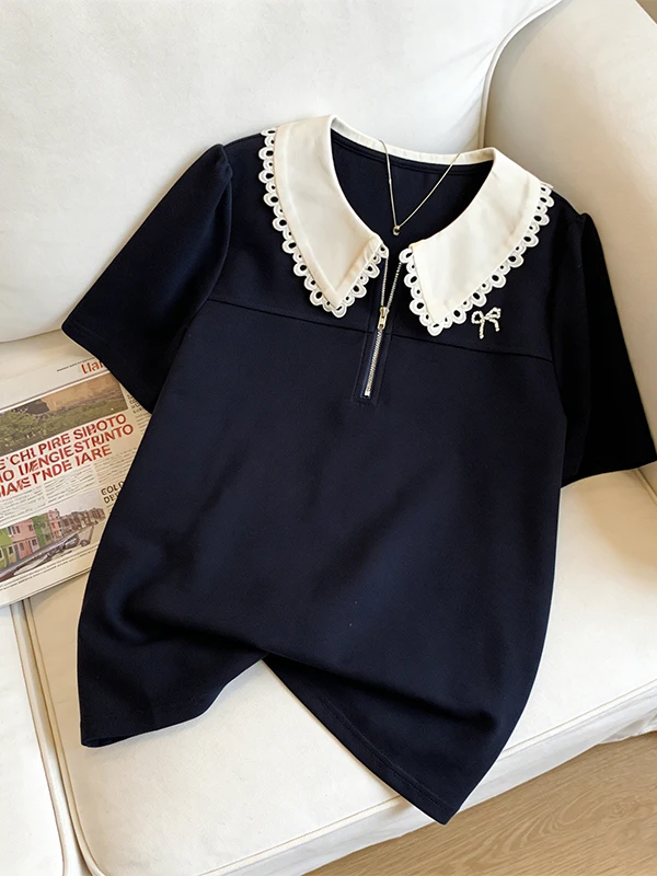 plus Size Contrast Color Doll Collar T-Shirt Women's Summer New Gentle Style Short Sleeve Half Zipper Top for Plump MM