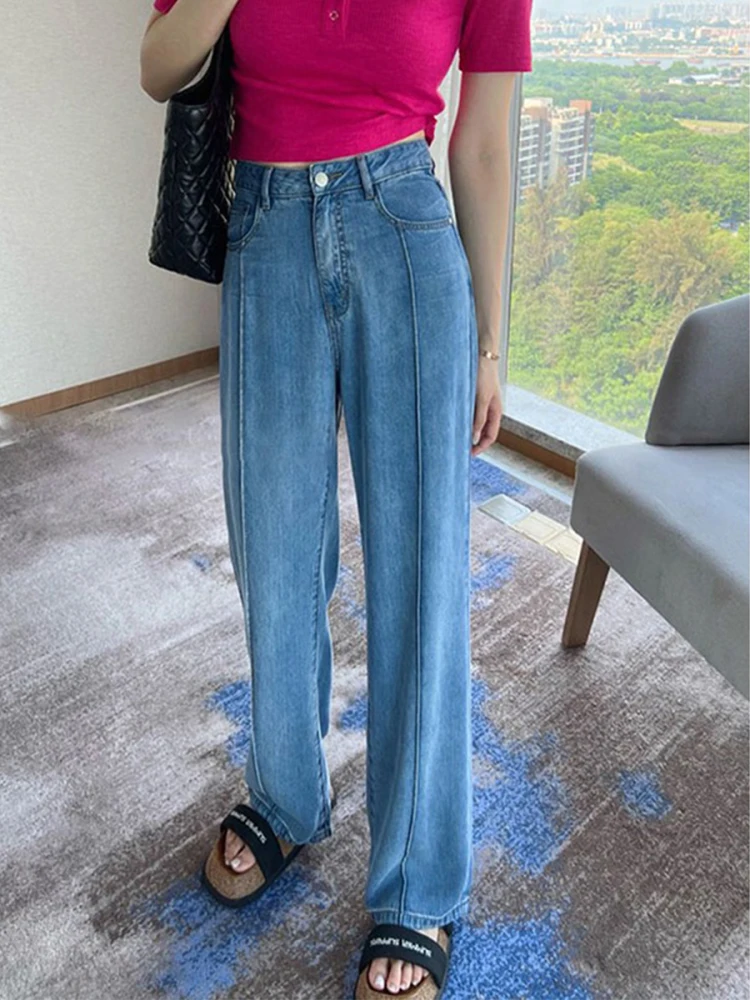 Jeans de Mezclilla Deados de Cintura Alta y Pierna Ancha para Mujer, Plones Rectos de Verano con Sensación Fresca, Ajus...