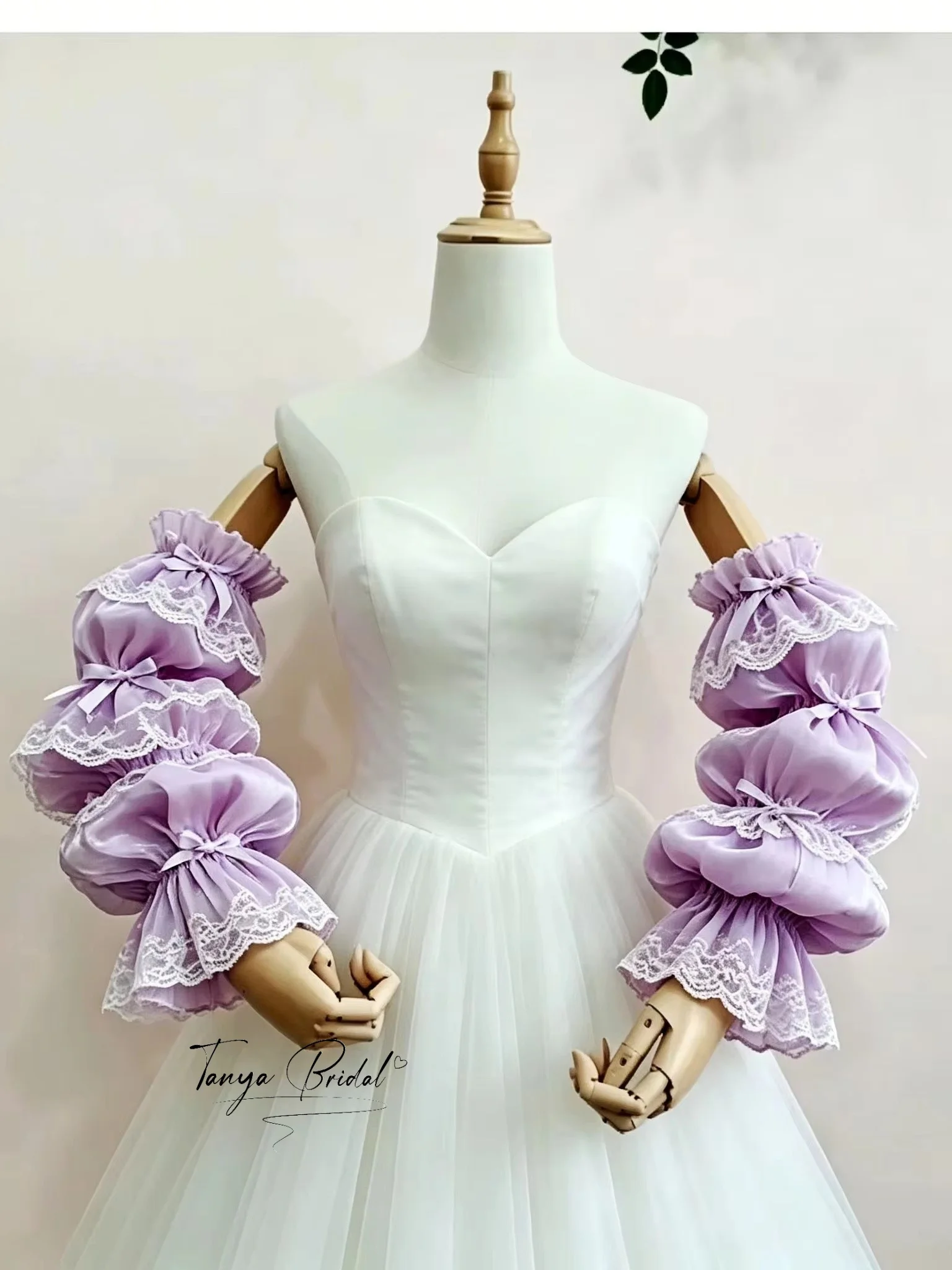 Detachable Lavender Puff Arm Sleeves White Lace Ruffle Bow Bridal Cuffs Removable Bubble Long Sleeves For Wedding Party