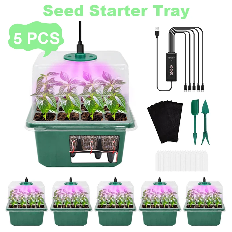 

12-Cell Self-Watering Seed Starter Tray with Grow Light, Humidity Adjustable Plant Propagator Kit w/Transparent Dome & Base