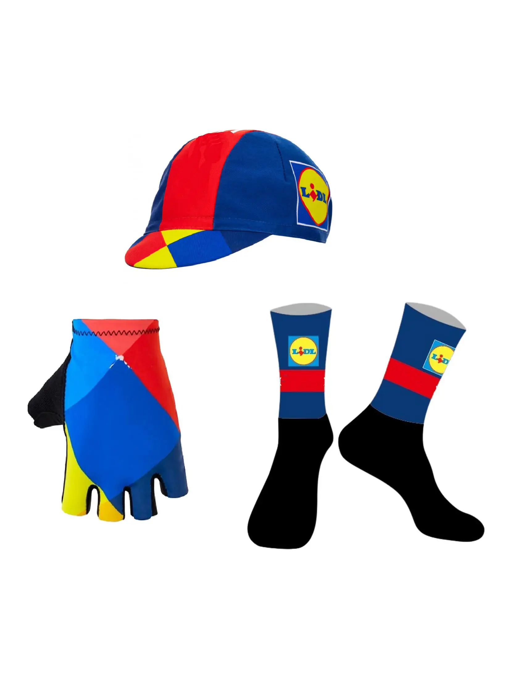 2025 2026 LIDL Team – para rękawic rowerowych z odkrytymi palcami + para skarpetek rowerowych + czapki z poliestru. — 2