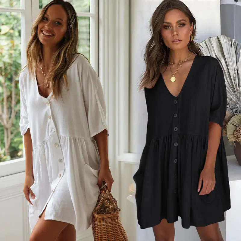 Women's Shirt Dress Short Sleeve V Neck Button Loose Bikini Cover Ups Solid Color Beach Sundress Vacation Summer 2024