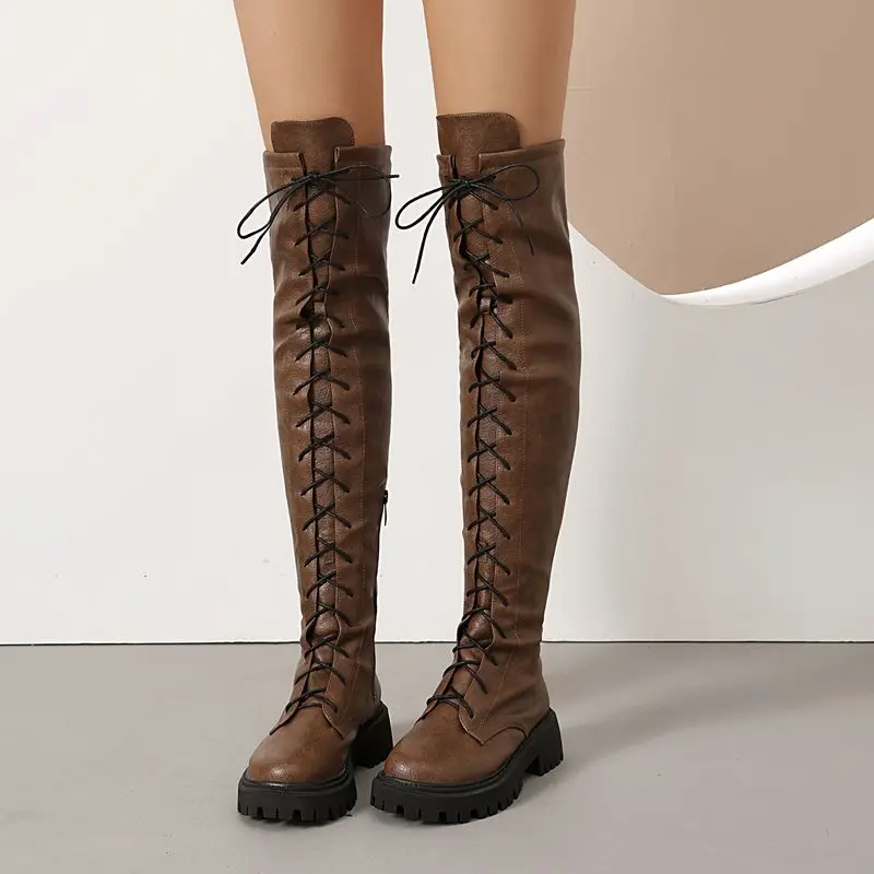 REAVE CAT 2025 Retro Thigh Boots Round Toe Chunky Heels 4.5cm Platform Zip Lace Up Extended Size 41 42 43 Daily Knee High