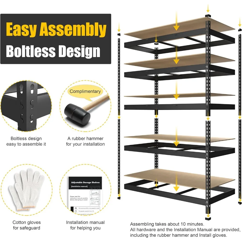 Adjustable 5 Tier Heavy Duty Metal Garage Storage Rack - 47W x 18D x 71H, Utility Shelf Unit for Warehouse Organization