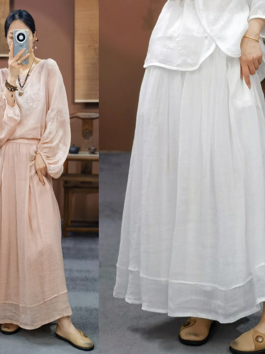 Nieuwe Chinese Sle Losse Dubbellaags Pure Kleur Vlas Midi Rok vrouwen Ciwalk A-lijn Rok midden Taille Elastische taille