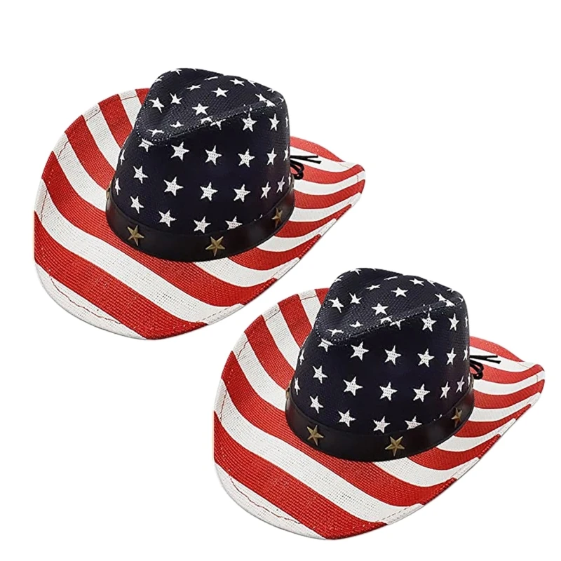 2 pieces Stylish American Flags Cowgirl Hat Western Cowgirl Hat with Windproof Rope Wide Brim Top Hat for Theme Party Dropship