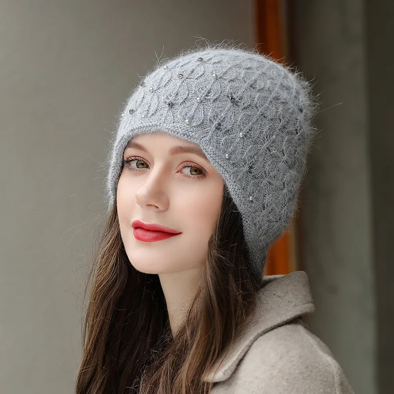 Winter New Skullies Beanie Hat Women Woolen Hats Female Knitted Bonnet Beanies Retro Warm Ear Protection Pearl Pile Caps