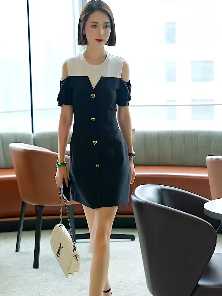 

Elegant Black Shoulder Bared Sleeve Dress Women's Waist Cinched Splice Summer Design Sensation Midi Dress Stylish Commute