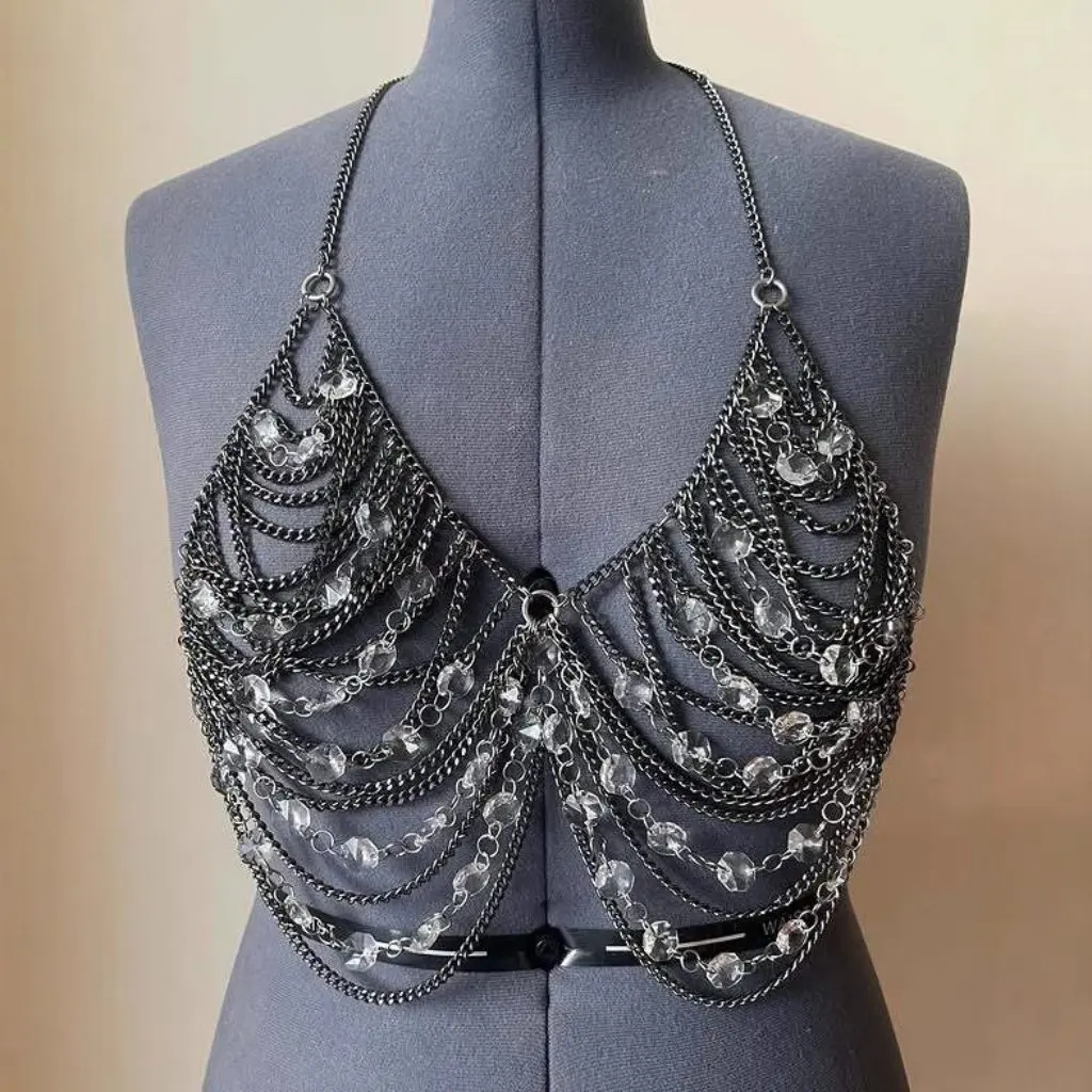 

Multilayer Chest Chain Jewel Beaded Bra Q5062Y Transparent Body Chain Top Vest for Women Fashionable Summer Outerwear