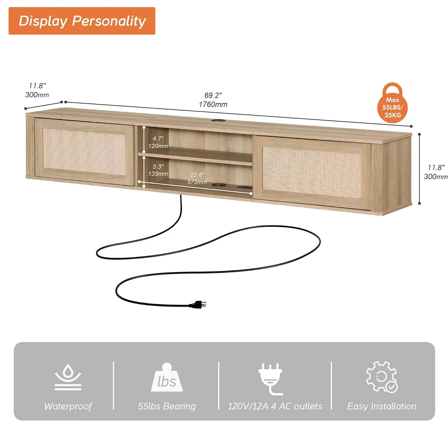LED Floating TV Stand with Built-in Power Outlet, 2 Tier Media Console with Rattan Doors for TVs Up to 80