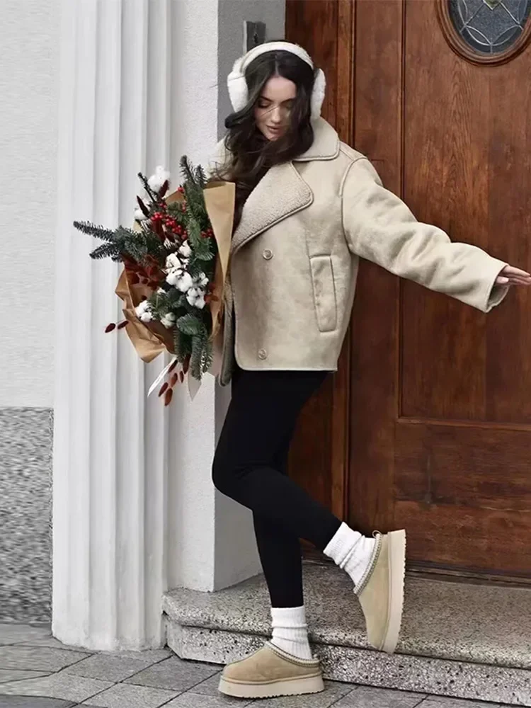 Fashion Solid Turn-down Collar Single Breasted Coat Women 2023 Autumn Winter Warm Pockets Long-sleeved Coats Female Streetwear